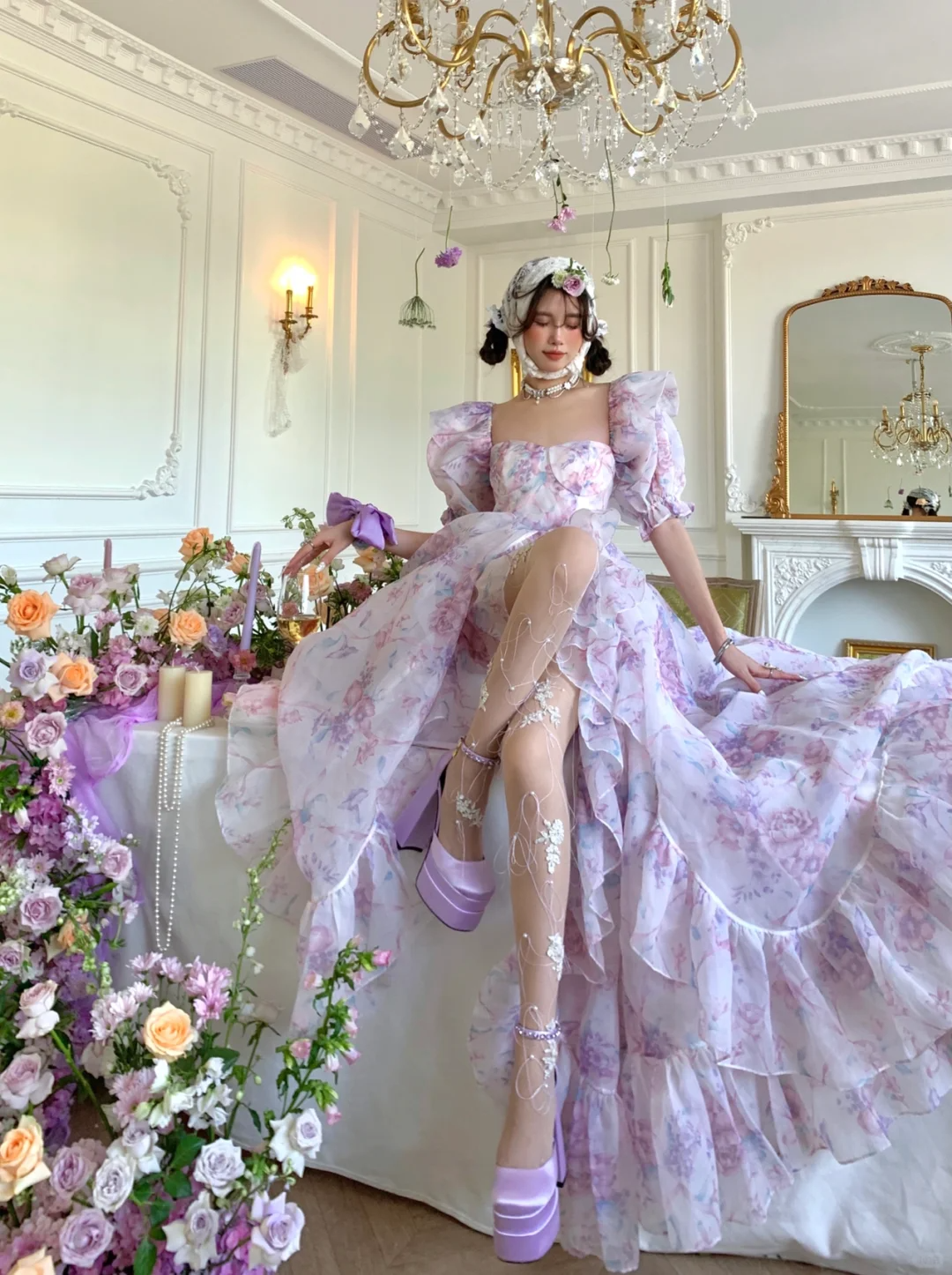 Purple Ball Gown Puff Print Floral Ruffle Chiffon Long Party Dress Birthday Dress with Slit DP2423