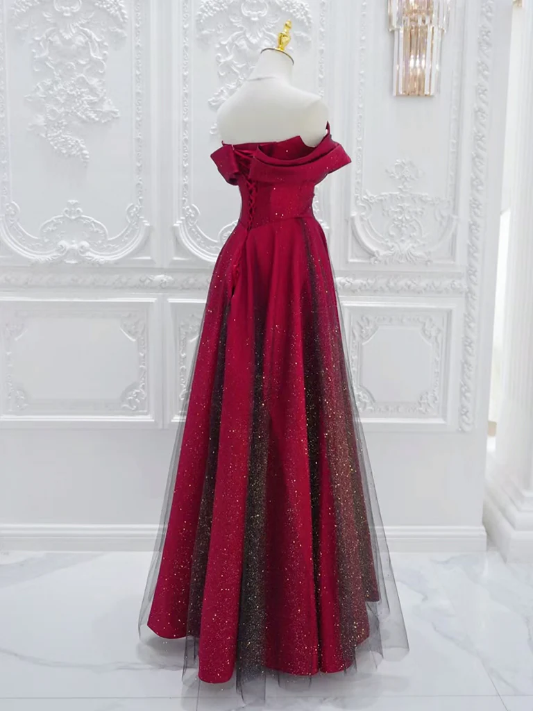 Shiny Off Shoulder Tulle Satin Burgundy Long Prom Dress DP424
