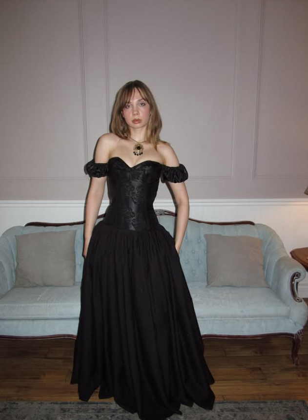 Black A Line Off the Shoulder Print Floral Satin Prom Dress Evening Dress DP3992