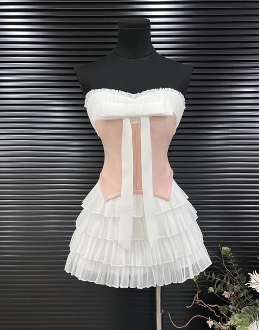 A Line Strapless Pink Satin Layered White Chiffon Mini Homecoming Dress Birthday Dress DP2612