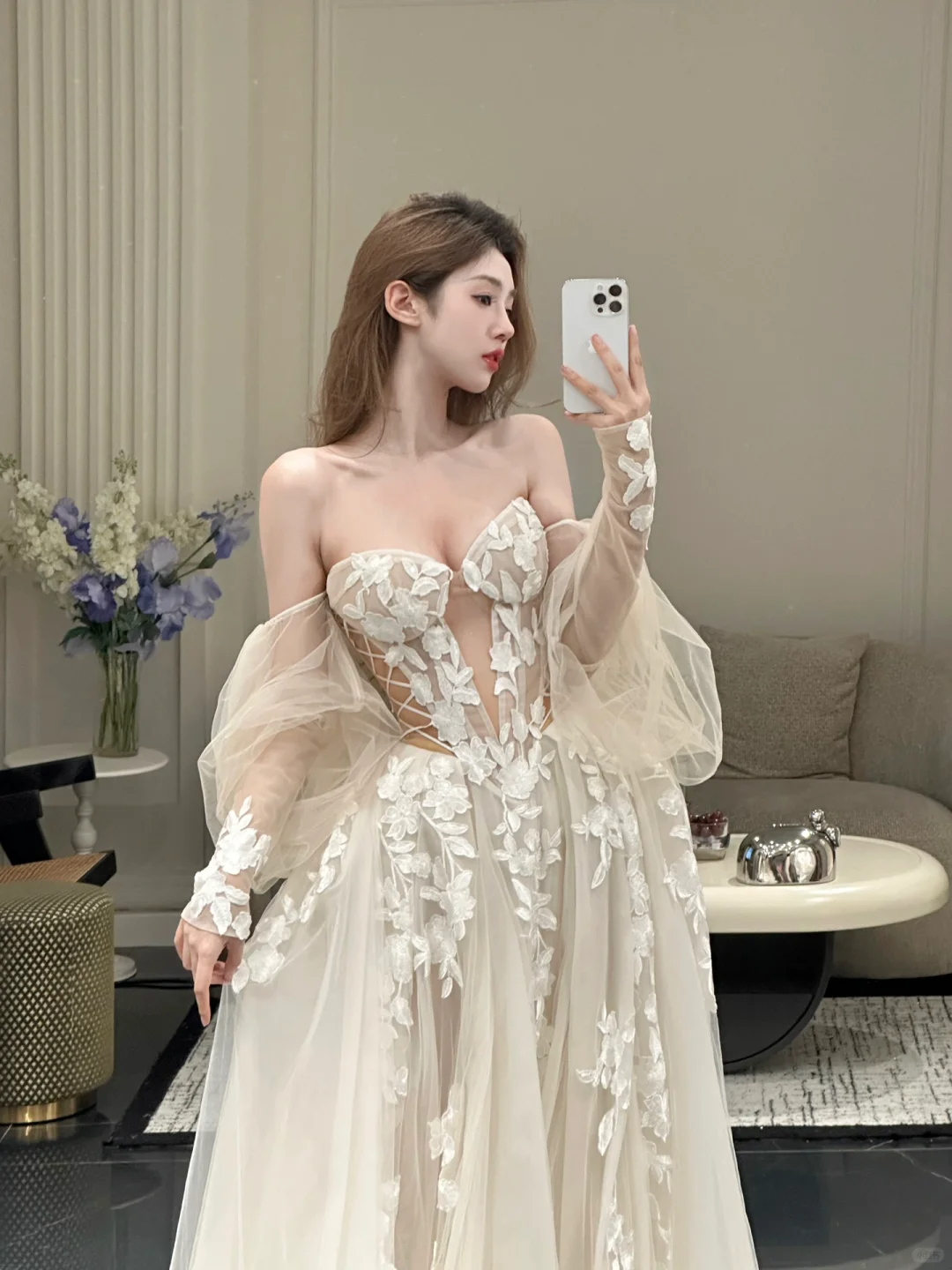 Elegant A Line Sweetheart Neck Long Sleeve Appliques Tulle Long Prom Dress Evening Dress DP2098