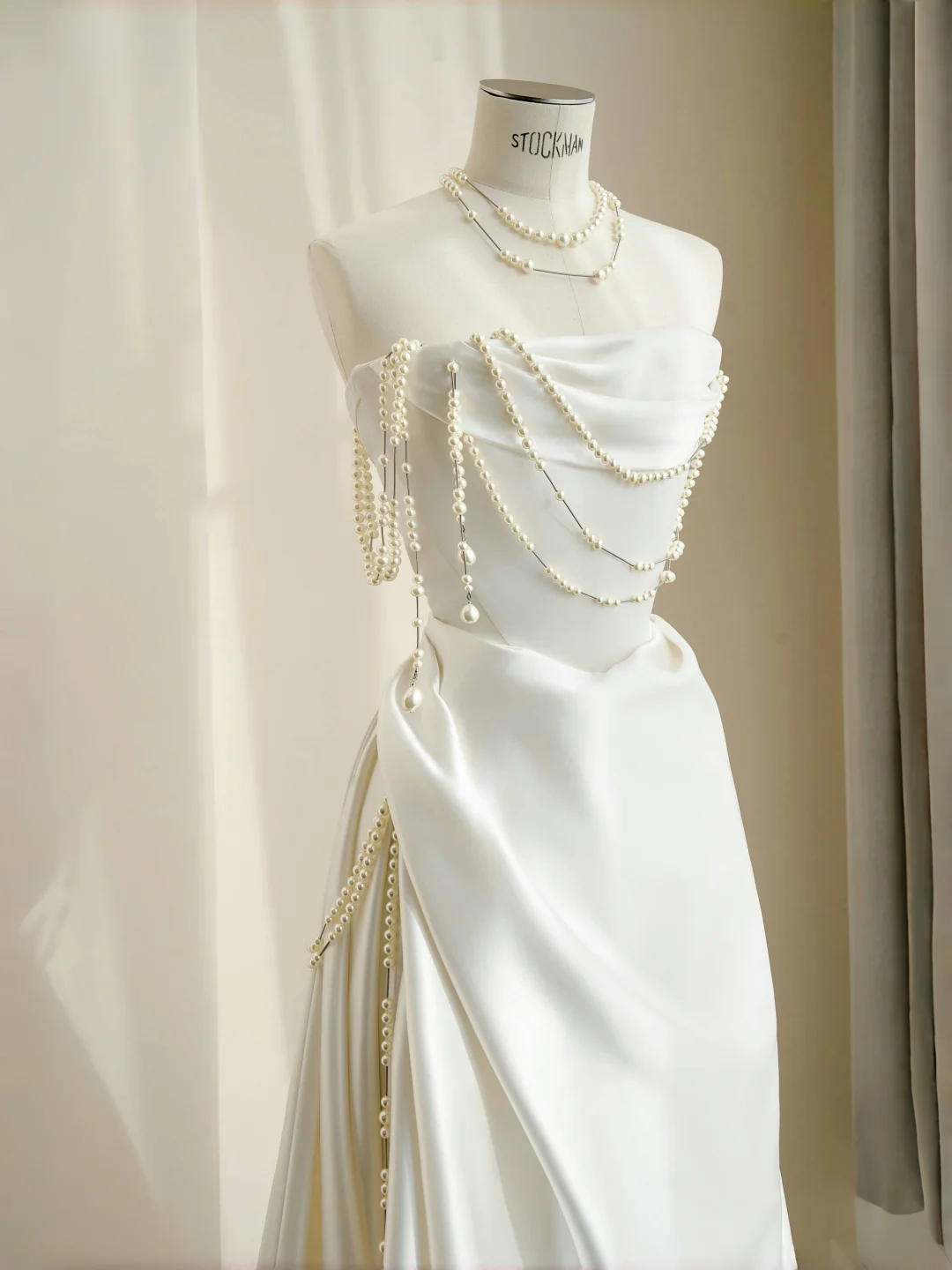 Elegant A Line Strapless Pearl White Satin Long Evening Dress Party Dress DP2295