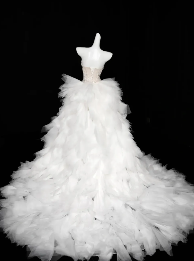 Charming Mermaid Strapless Rhinestone White Tulle Long Prom Dress DP2751
