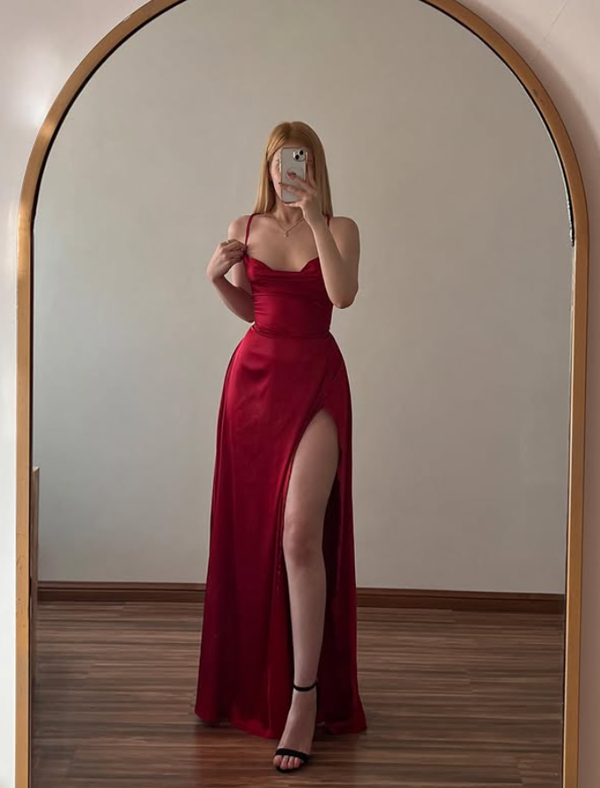 Beaitiful A Line Spaghetti Strap Red Satin Slit Prom Dress Evening Dress DP6494