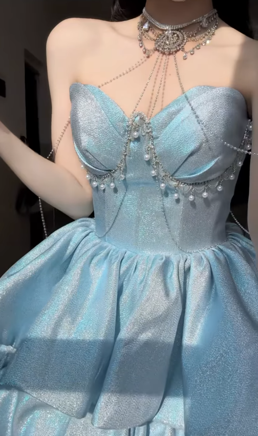Dreamy Blue Ball Gown Sweetheart Neck Layered Sequin Prom Dress DP4159