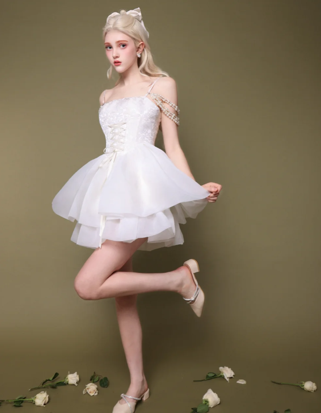 Fairy A Line Straps White Pearl Organza Satin Short Homecoming Dress Cocktail Dress DP2635