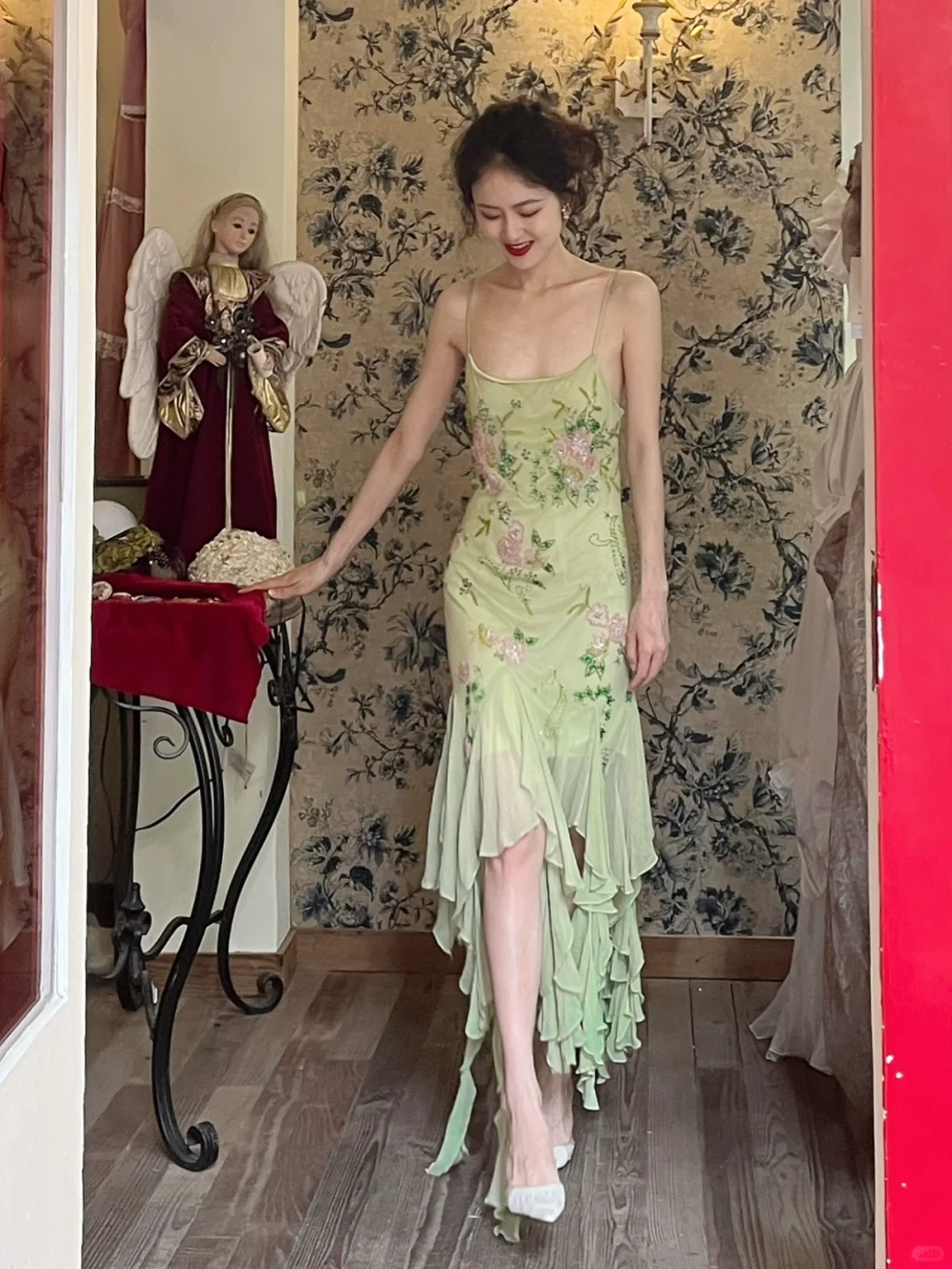 Vintage Mermaid Spaghetti Strap Floral Beaded Ruffle Chiffon Prom Dress Party Dress DP3707