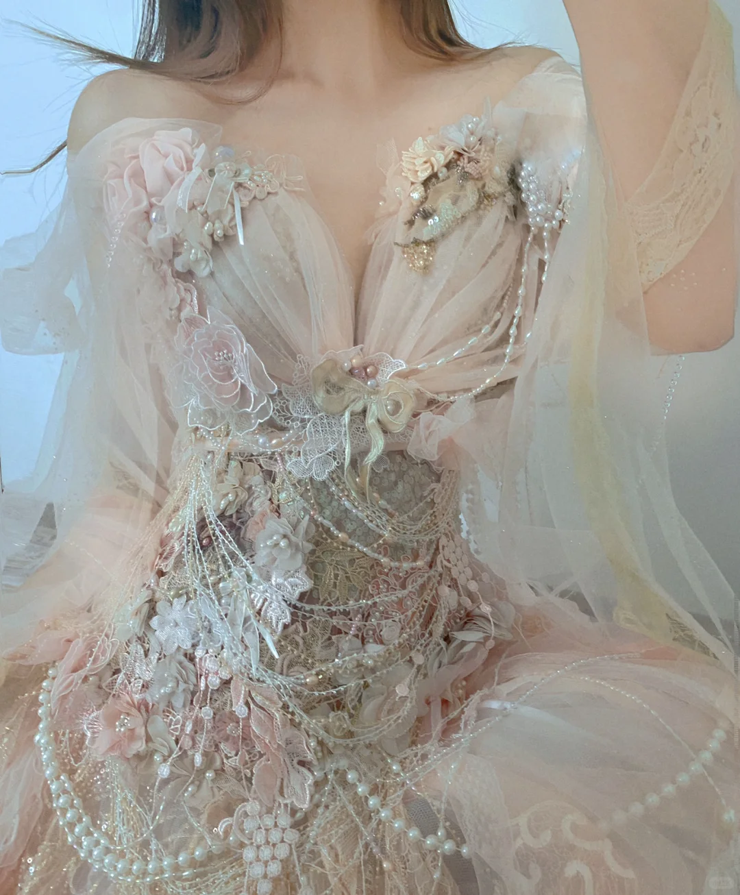Flowy Exquisite A Line Long Sleeve Floral Beaded Tulle Prom Dress Party Dress DP3762