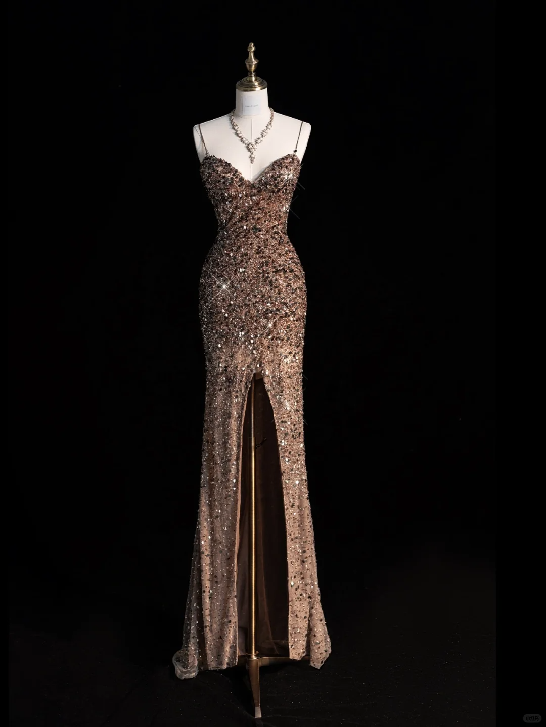 Shiny Sheath Spaghetti Strap Champagne Sequin Long Prom Dress Evening Dress DP2176