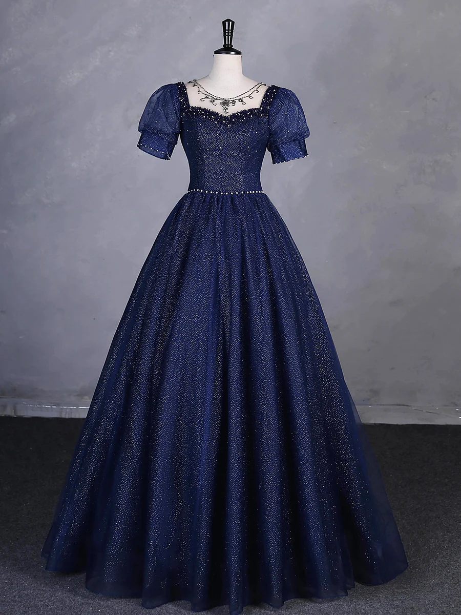 Charming Navy Blue Tulle Beading Long Party Dress Evening Dress Ball Gown DP312