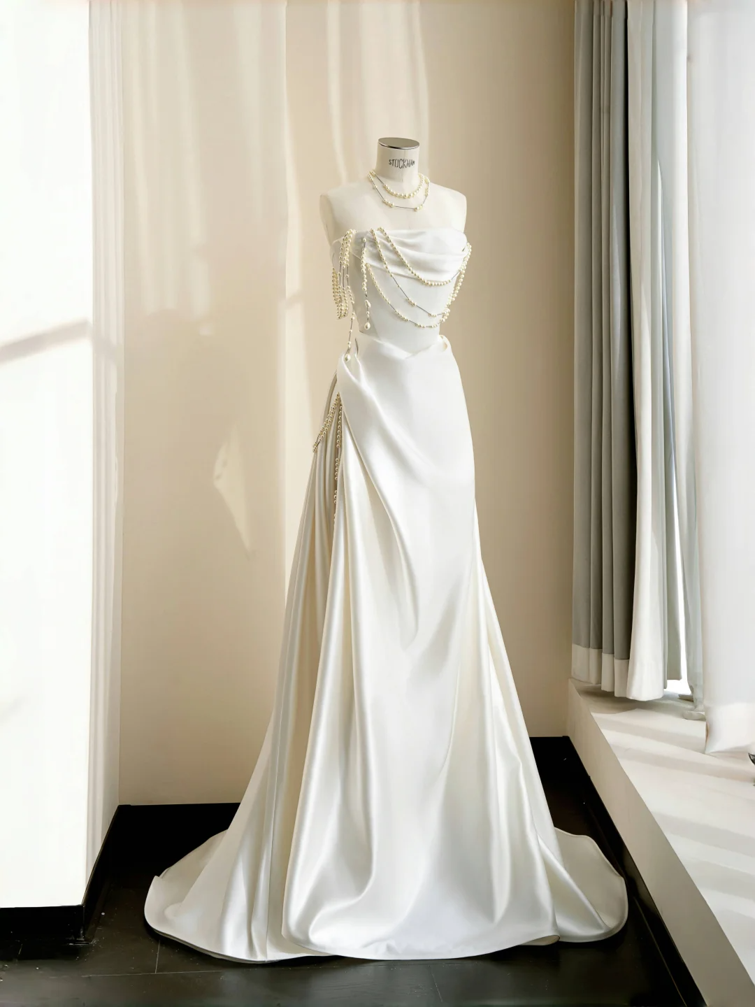 Elegant A Line Strapless Pearl White Satin Long Evening Dress Party Dress DP2295