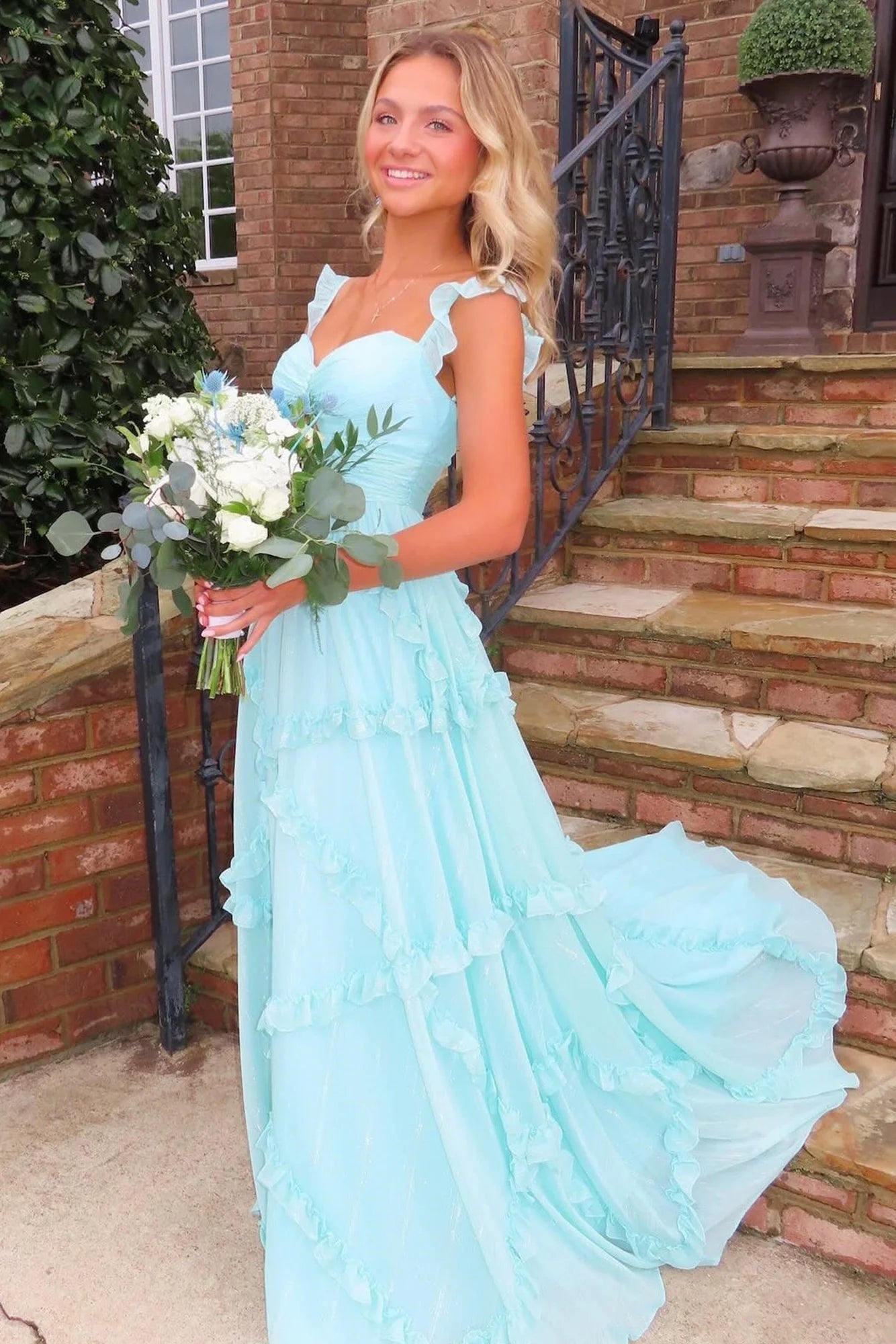 Blue A Line Straps Ruffle Chiffon Long Prom Dress Evening Dress DP1626
