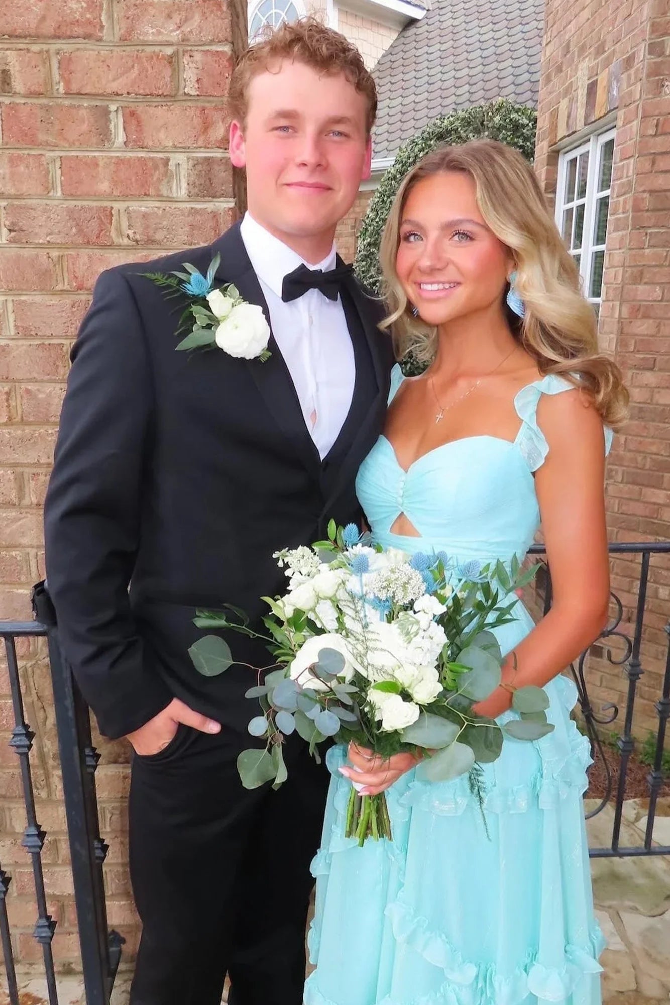 Blue A Line Straps Ruffle Chiffon Long Prom Dress Evening Dress DP1626