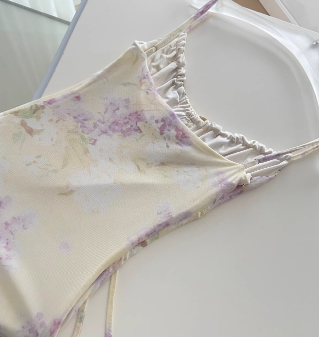 Gentle Sheath Spaghetti Straps Purple Floral Yellow Tulle Vacation Dress Prom Dress Outfits DP3550