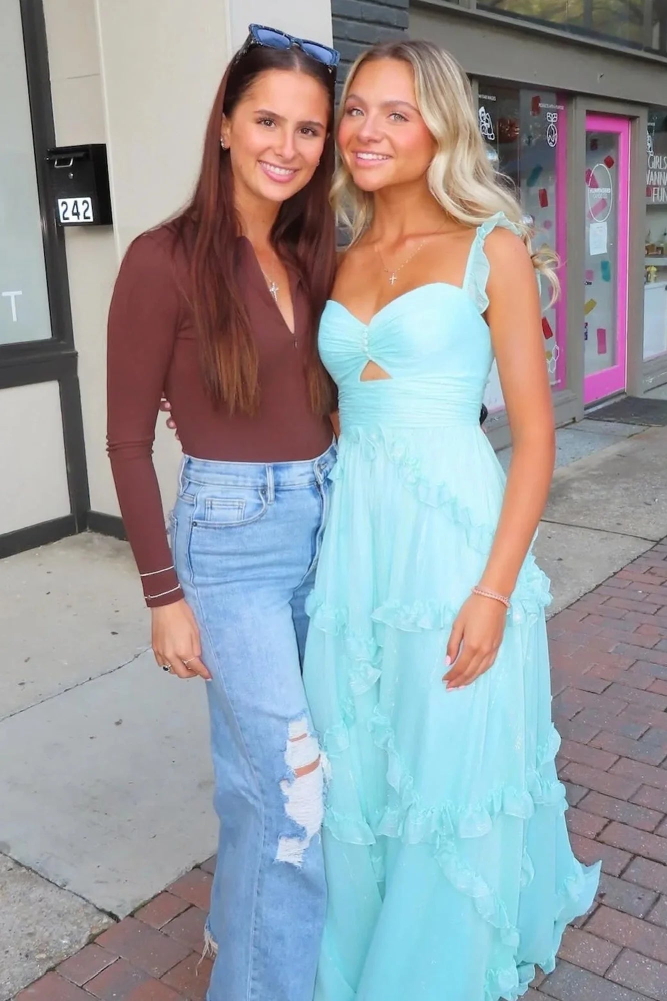 Blue A Line Straps Ruffle Chiffon Long Prom Dress Evening Dress DP1626
