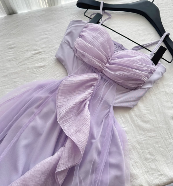 Purple A Line Halter Ruffle Tulle Vacation Dress Homecoming Dress Outfits DP3548