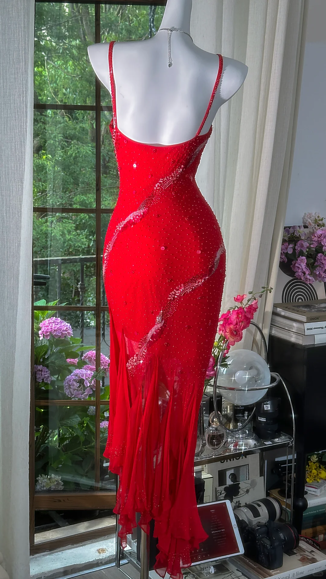 Red Sexy Pretty Flowy Beaded Ruffle Chiffon Prom Dress Date Dress Evening Dress DP2951