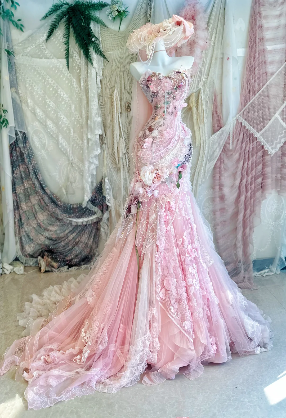 Gentle Pink Mermaid Exquisite Beaded Floral Tulle Lace Prom Dress Evening Dress Party Dress DP2972