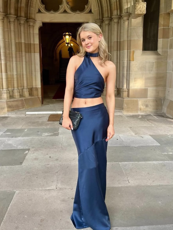 Two Piece Mermaid Halter Navy Blue Satin Long Prom Dress Evening Dress DP1329