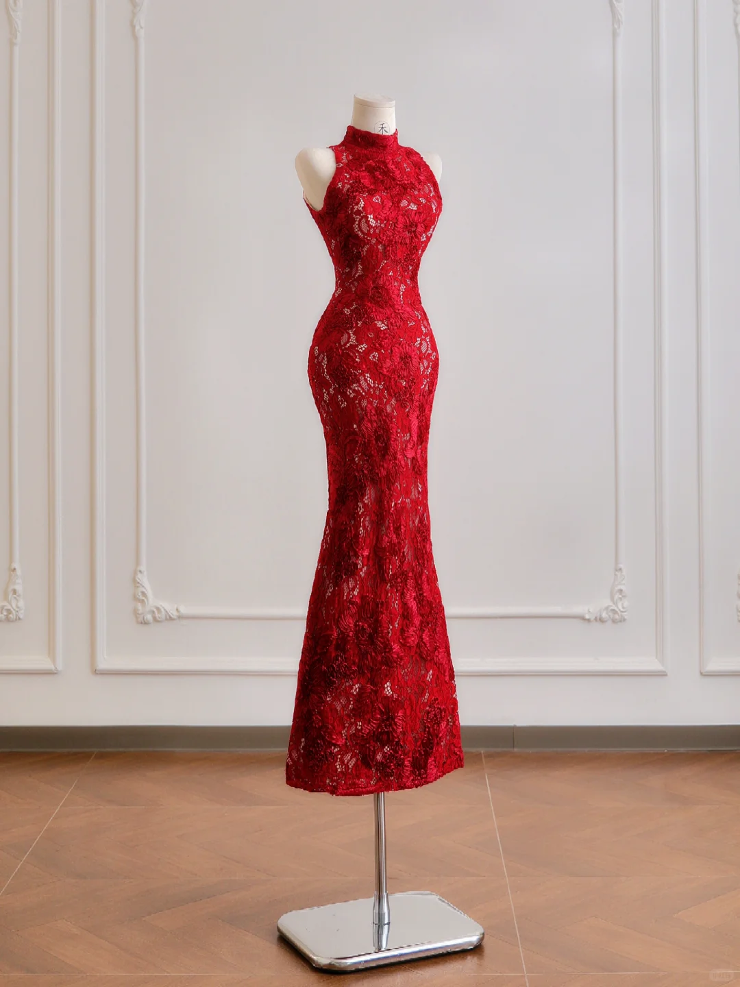 Red Mermaid High Neck Lace Long Prom Dresses DP4186
