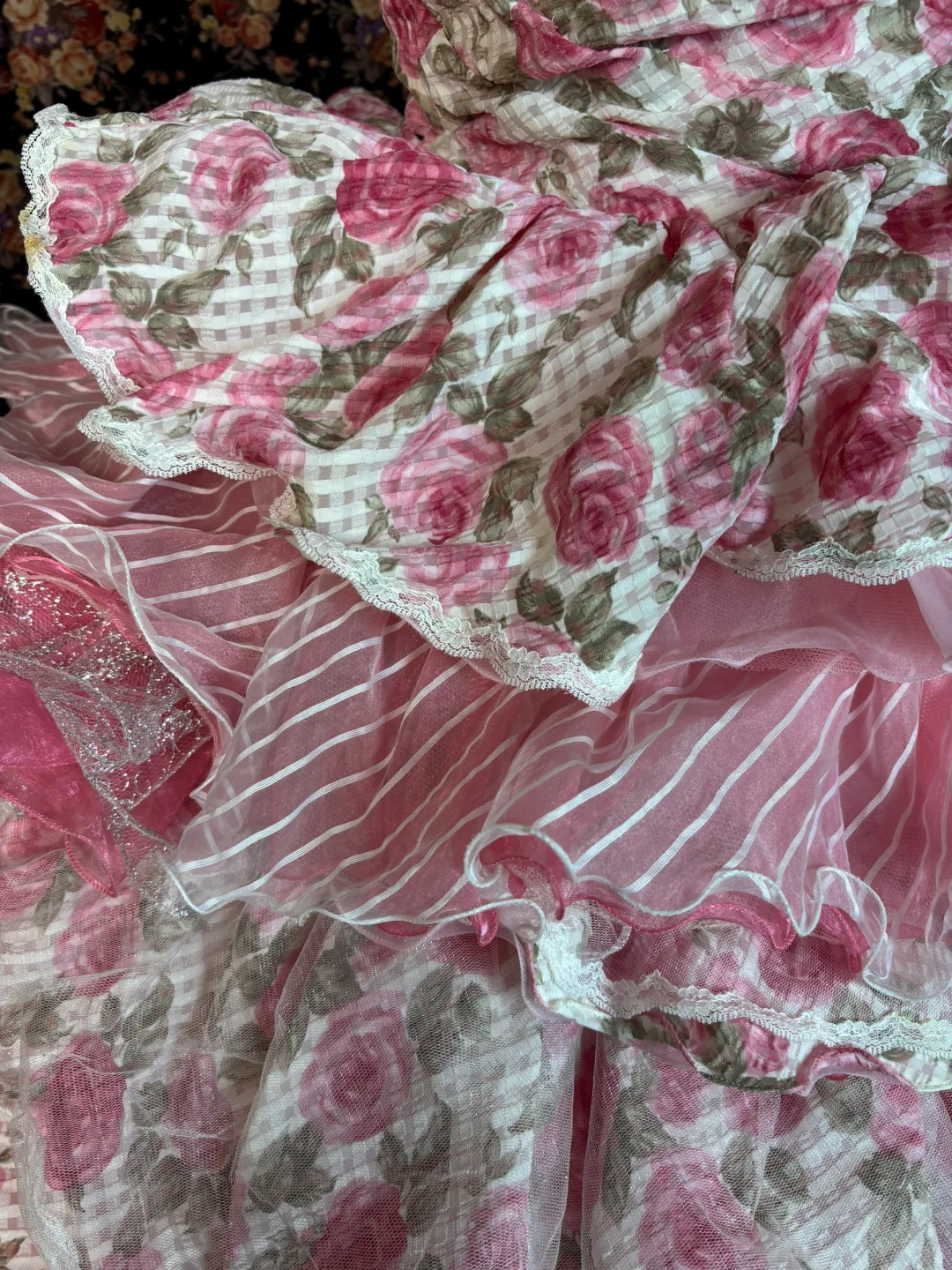 Vintage Pink Print Floral Ball Gown Strapless Layered Tulle Prom Dress Sweet 16 Dress DP5657