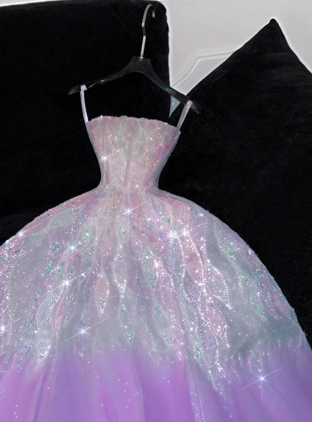 Dreamy Purple Ombre A Line Strapless Beaded Tulle Prom Dress Birthday Dress Party Dress DP3088