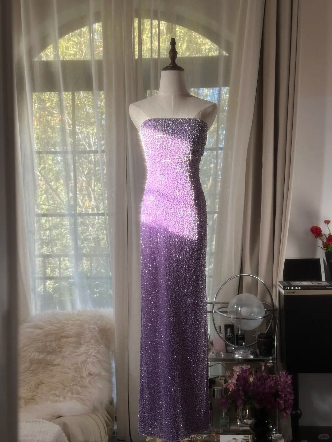 Shiny Sheath Strapless Beaded Purple Chiffon Long Party Dress Evening Dress DP2473