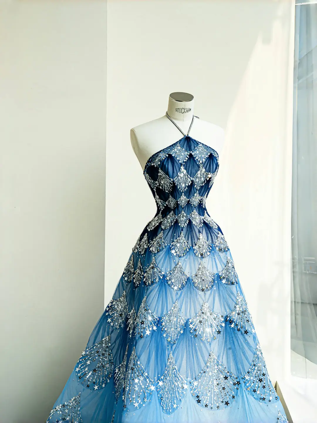 Blue Ombre A Line Halter Star Sequin Organza Prom Dress Party Dress DP2683