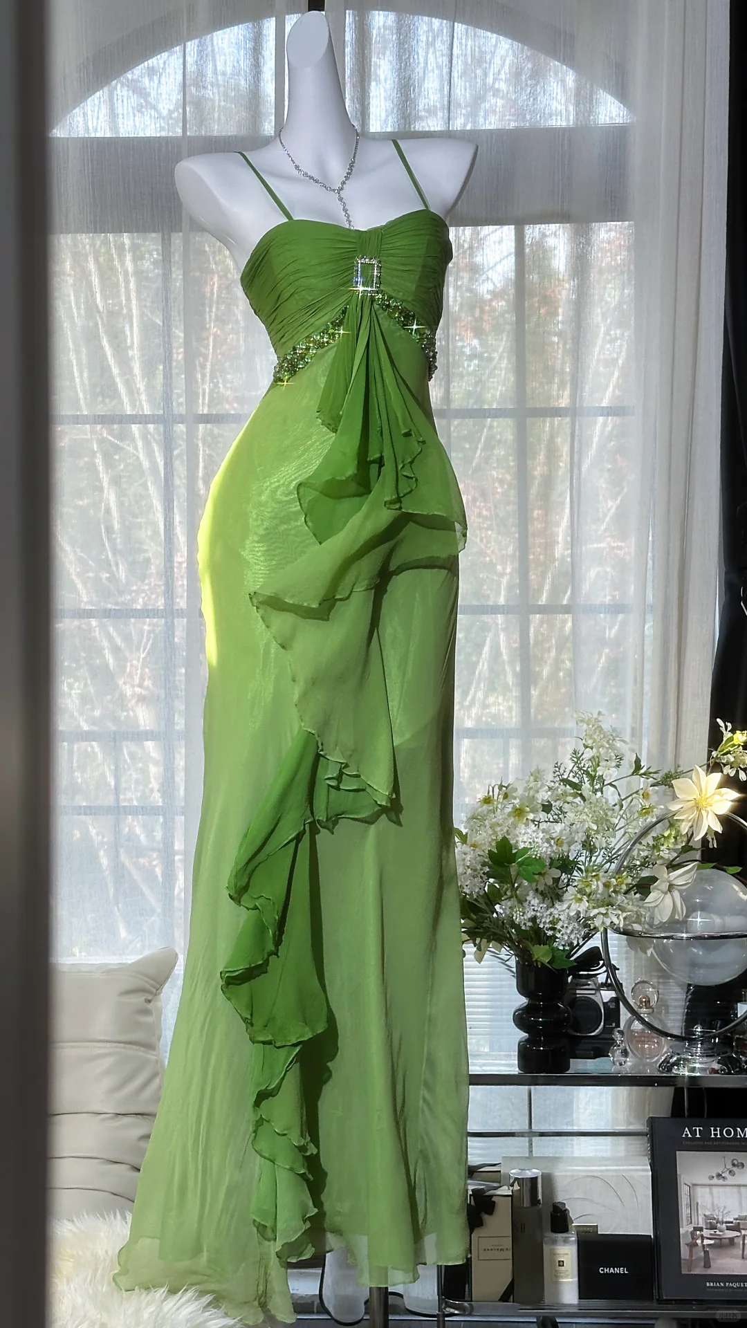Vintage Mermaid Spaghetti Straps Green Beaded Chiffon Satin Long Prom Dress DP4718