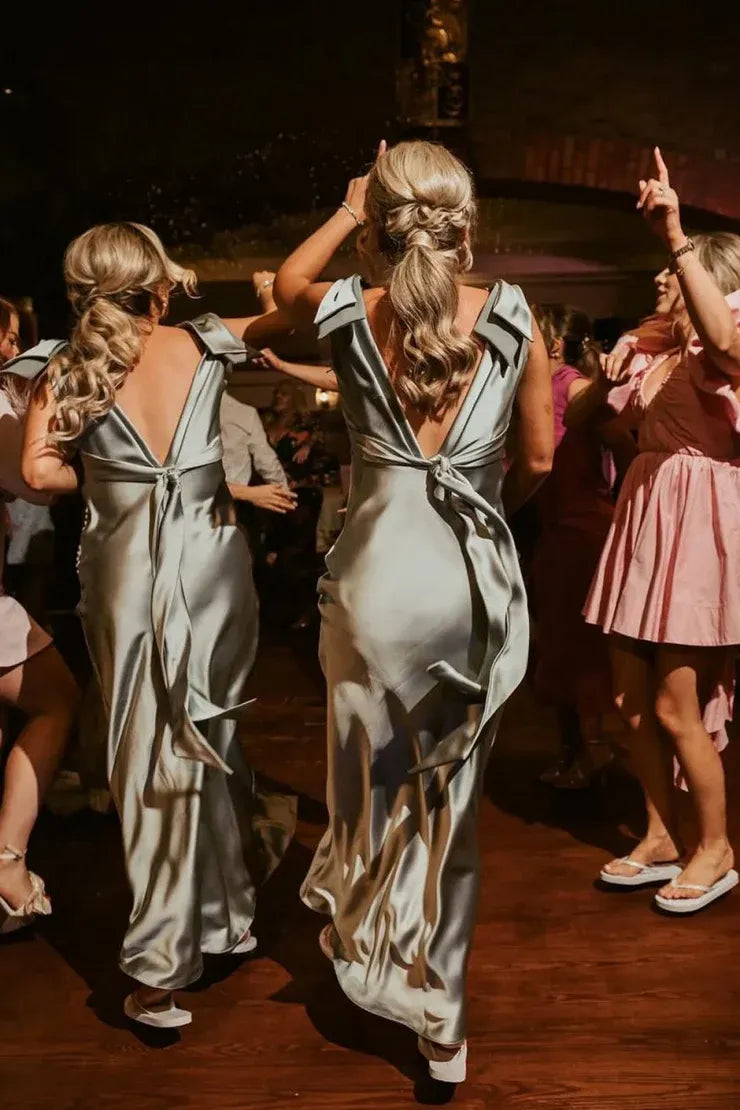 Sheath V Neck Sage Green Silk Satin Bridesmaid Dress with Bow DP5559