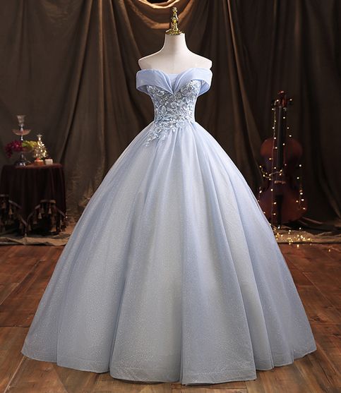 Blue Off-the-shoulder Appliques Tulle Lace Long Ball Gown DP910