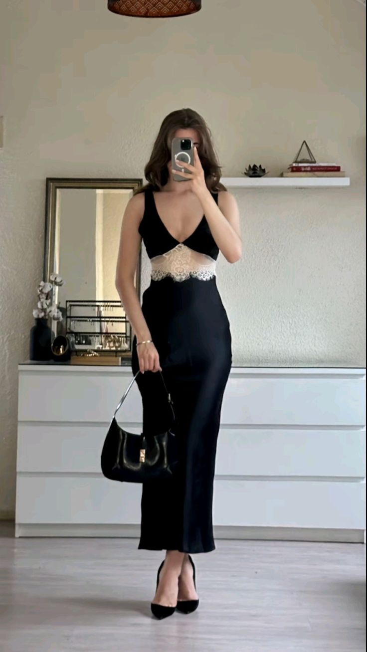 Elegant Black Sheath V Neck Lace Satin Prom Dress Evening Dress DP6747