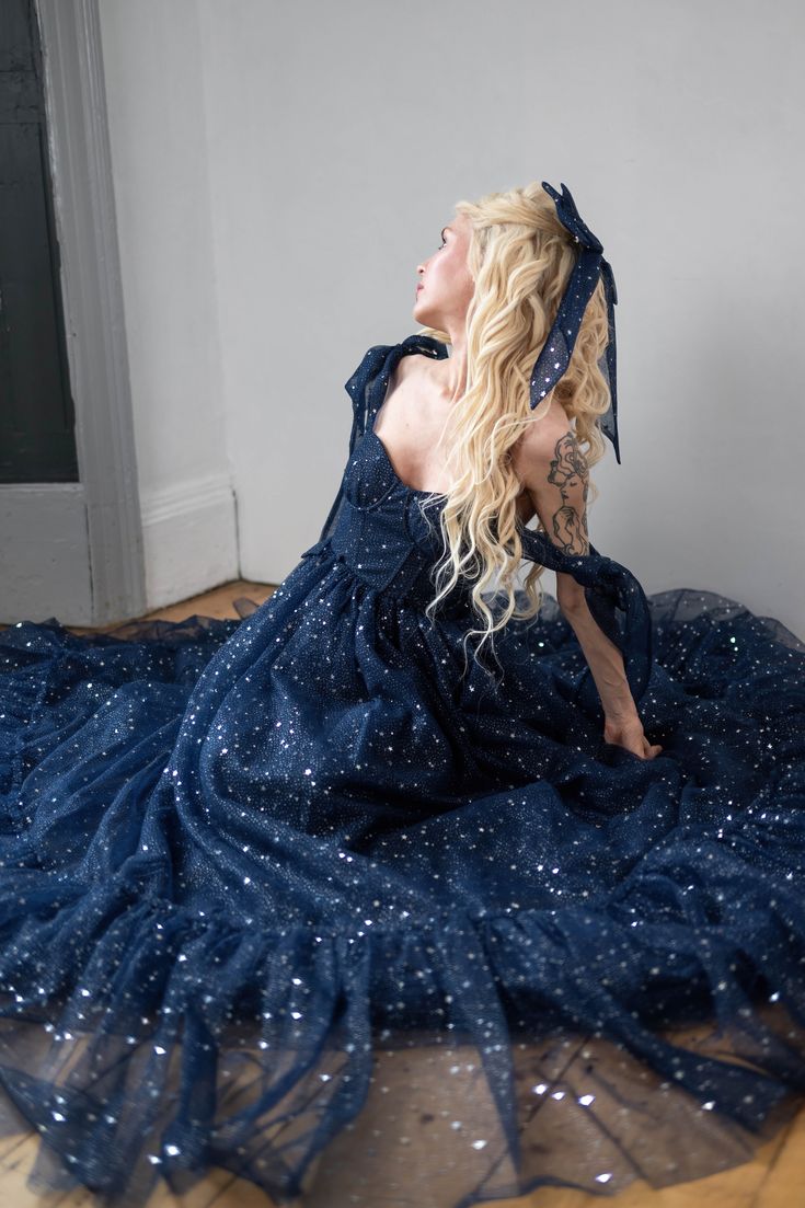 Star Sequin Navy Blue A Line Straps Layered Tulle Date Dress Prom Dress Evening Dress DP3371