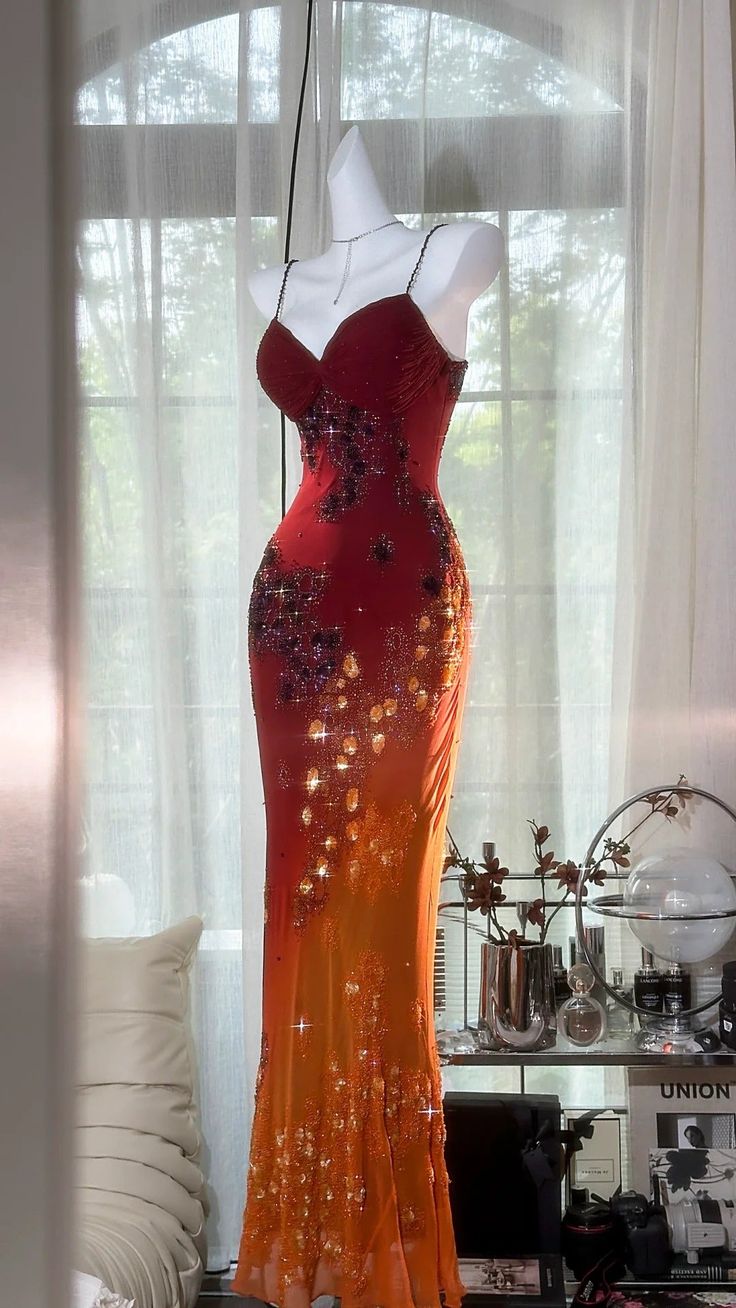 Orange Red Ombre Sheath Spaghetti Strap Exquisite Beaded Chiffon Prom Dress 21th Birthday Dress DP3899