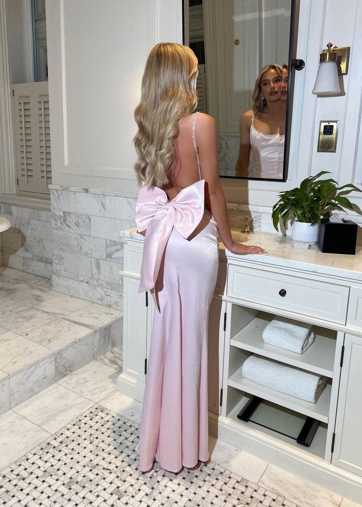 Light Pink Mermaid Spaghetti Strap Bow Satin Long Prom Dress Evening Dress DP1164