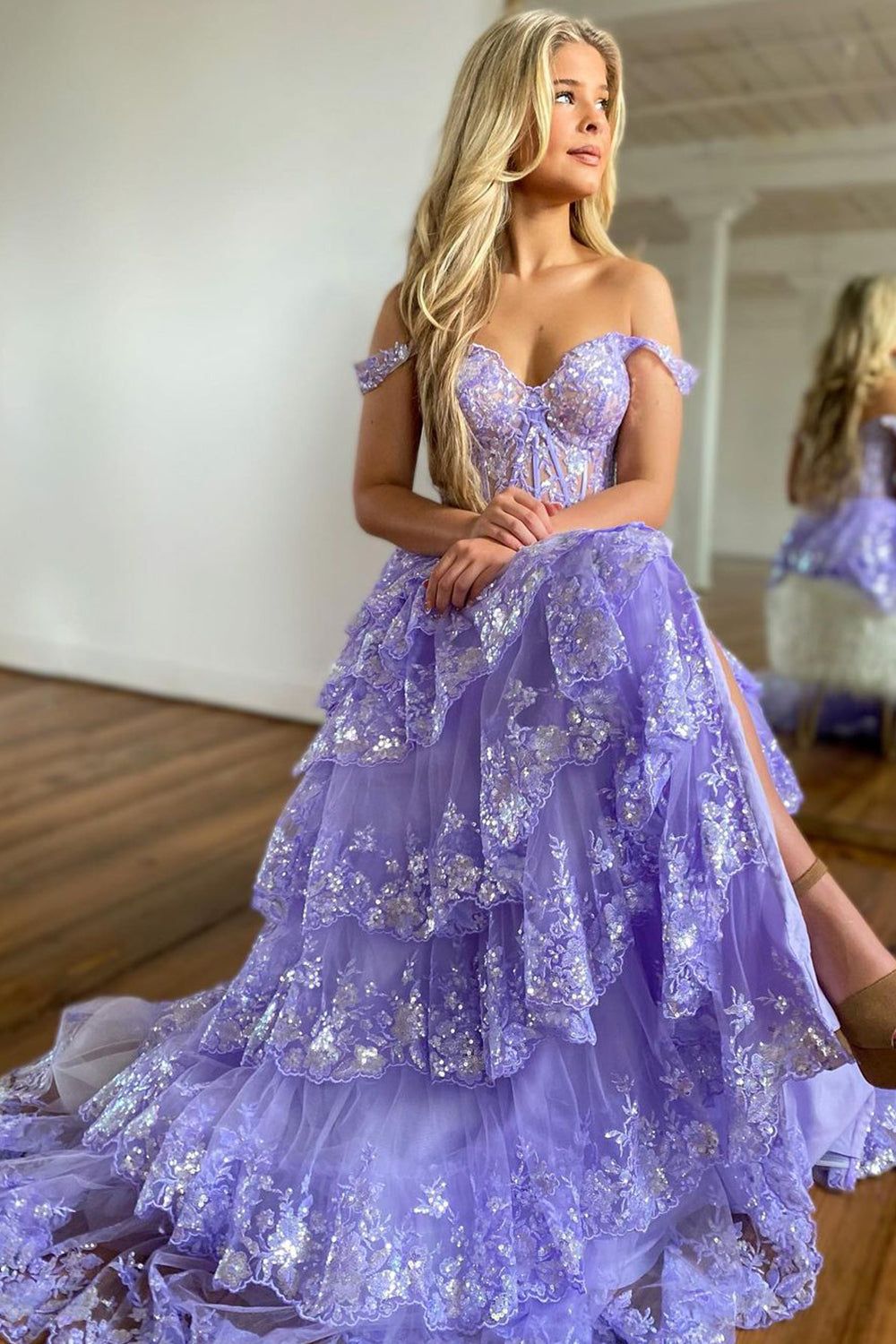 Navy Blue A Line Strap Exquisite Sequin Layered Tulle Prom Dress Evening Dress Date Dress DP3468