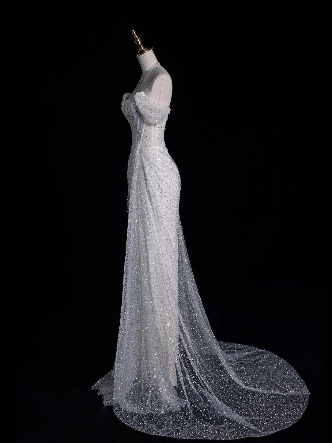 Shiny Mermaid Off the Shoulder Sequin Flower Rhinestone White Tulle Long Evening Dress Party Dress DP2298