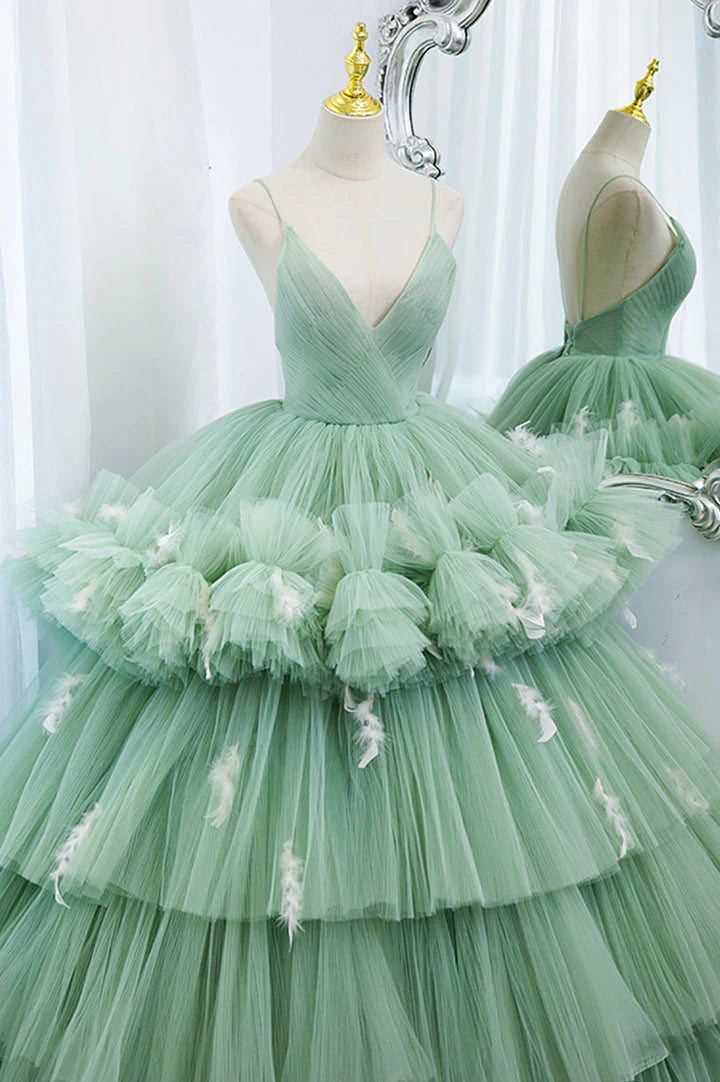 A Line V-Neck Layered Tulle Long Ball Gown Prom Drsses DP793