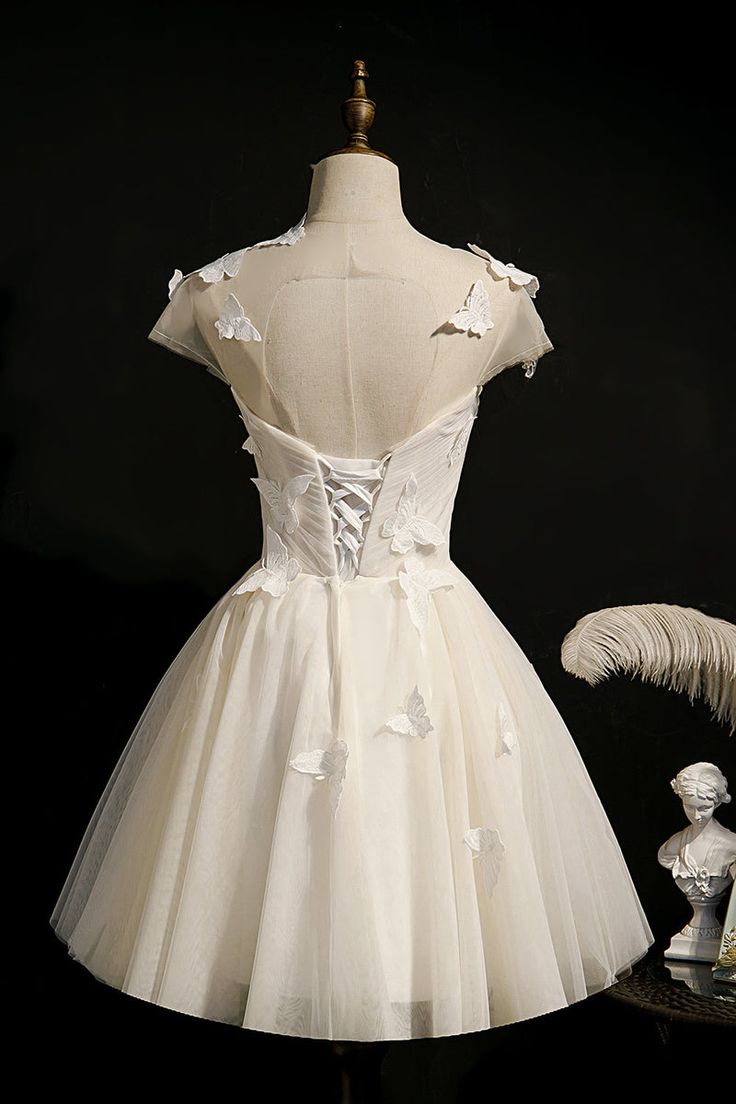 White A Line Round Neck Butterfly Appliques Tulle Short Homecoming Dress DP1327