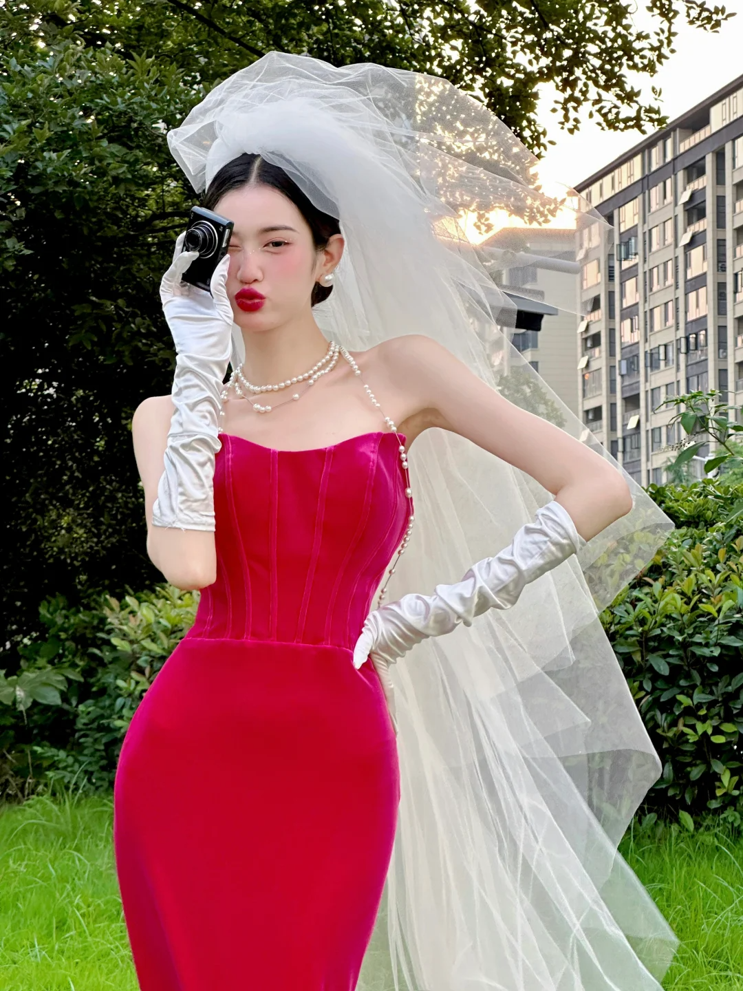 Hot Pink Sheath Strapless Corset Velvet Long Prom Dress Evening Dress DP1953
