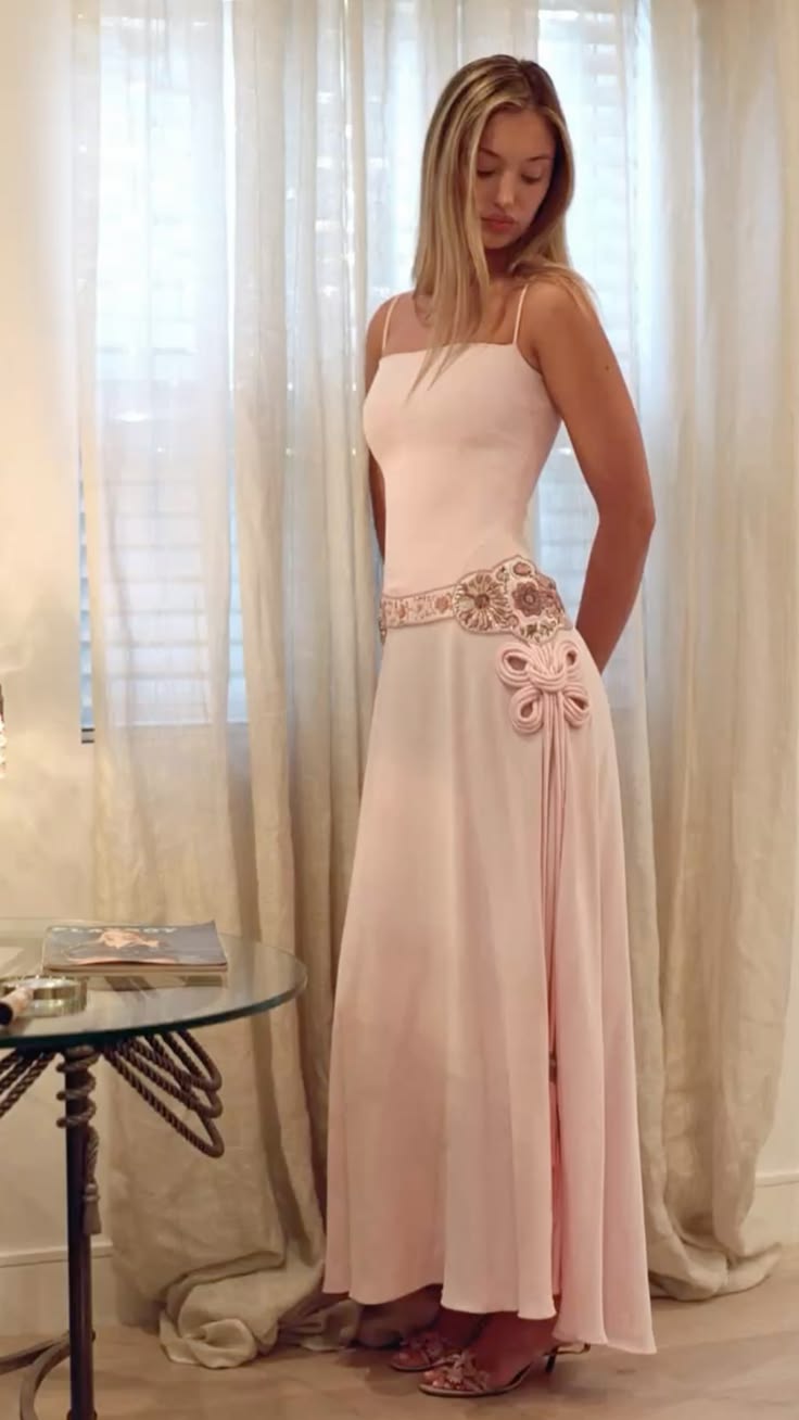 Light Pink A Line Spaghetti Strap Beaded Satin Prom Dress Evening Dress DP7176