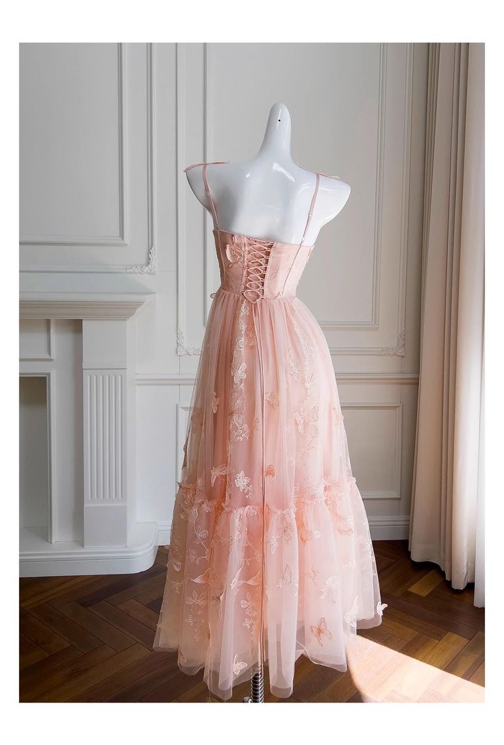 A Line Spaghetti Strap Butterfly Embroidery Tulle Prom Dresses DP933