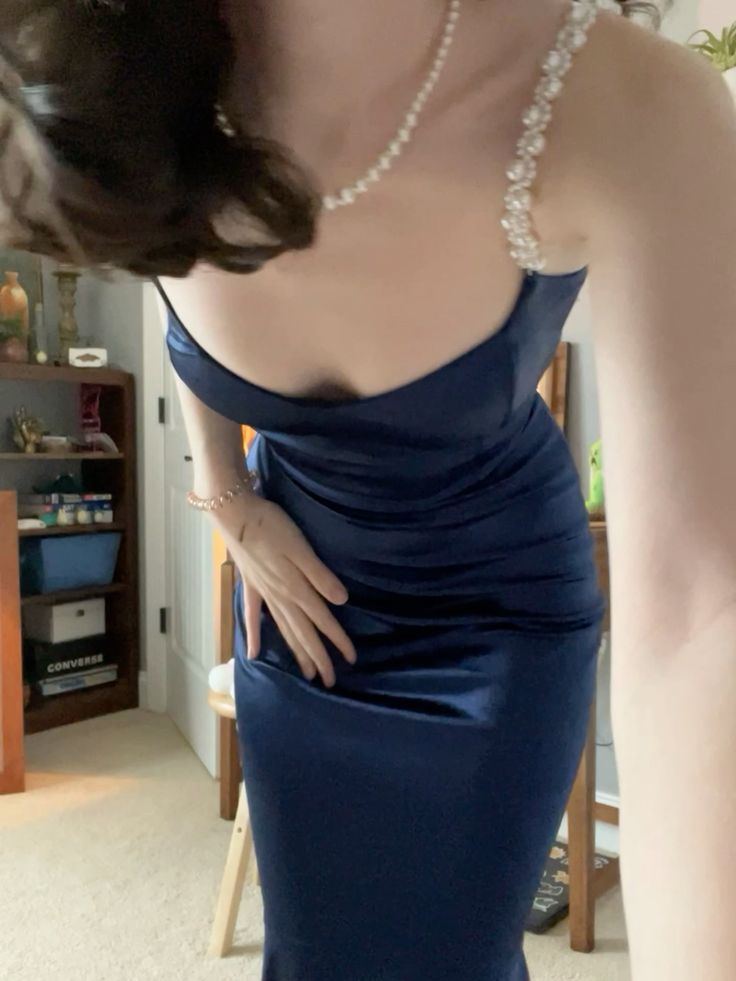 Navy Blue Sheath Spaghetti Strap Pearl Satin Prom Dress 16th Birthday Dress DP3957