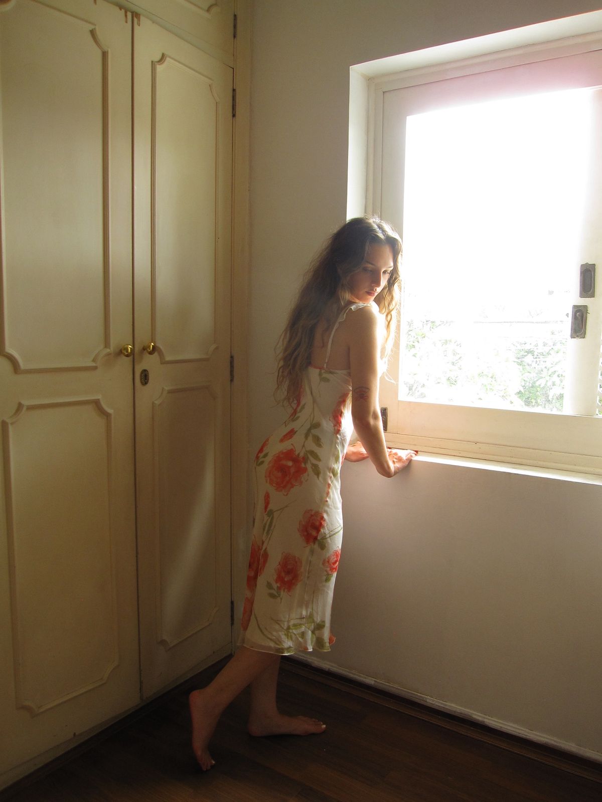 Gentle Sheath Straps Printed Floral Chiffon Tea Length Vacation Dress Outfits DP4044