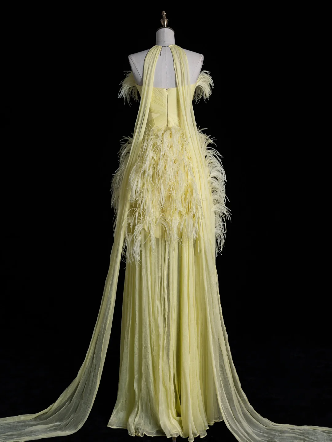 Light Yellow A Line Strapless Feather Tulle Long Prom Dress Graduation Prom Dress DP1970