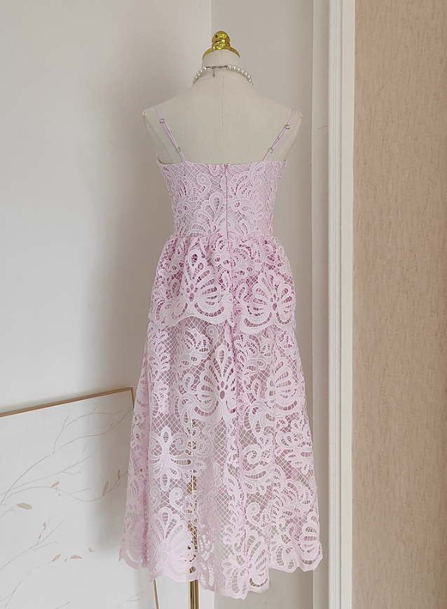 Pink A Line Spaghetti Strap Layered Lace Homecoming Dress Birthday Dress Outfits DP3478