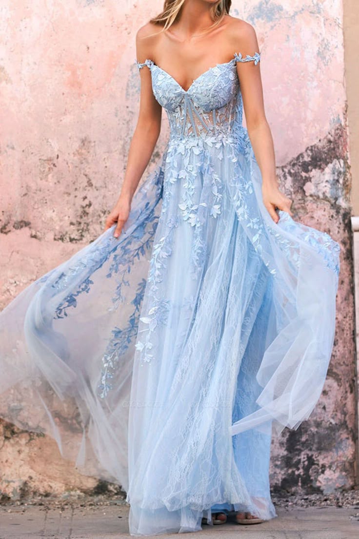 Baby Blue A Line Spaghetti Straps Appliques Tulle Long Prom Dress Evening Dress with Slit DP2788