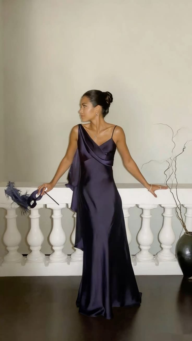 High-class Dark Purple A Line Strap Satin Prom Dress Evening Dress DP7477