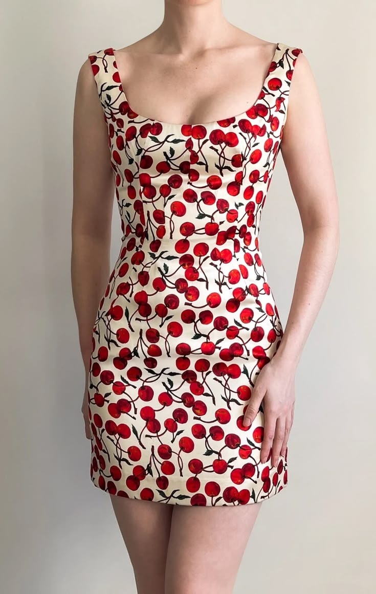 Red Cherry Print Sheath Straps Satin Short Homecoming Dress Cocktail Dress DP5483