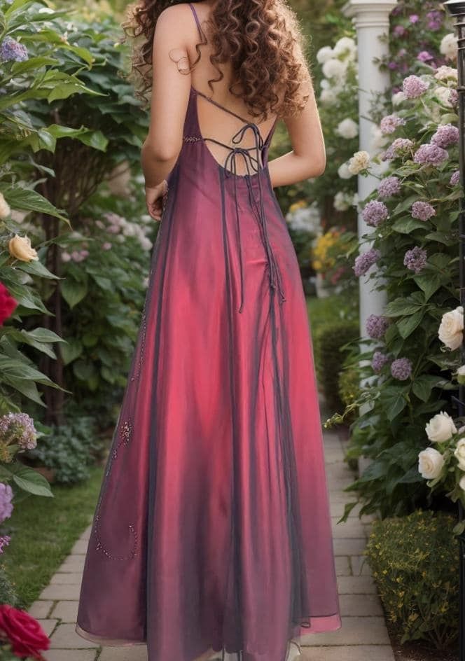 Retro Burgundy Ombre A Line Spaghetti Strap Beaded Tulle Satin Prom Dress Party Dress DP3594